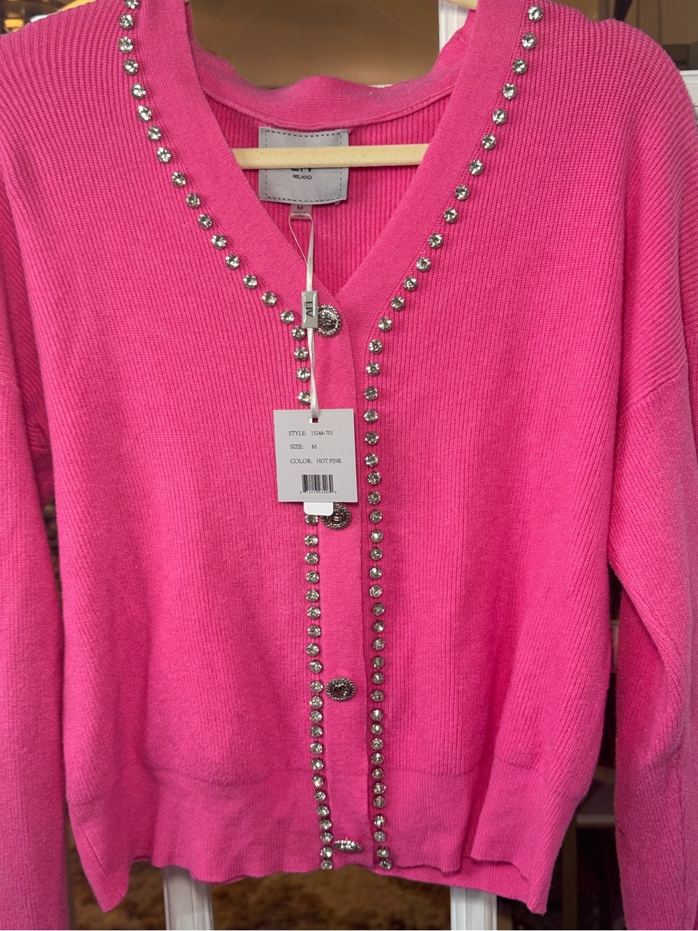 🪩🩷💕 Milano Hot Pink V-Neck Crystal-Trim Bling Embellished Cardigan Sweater 💕🩷🪩 - Picture 3 of 9